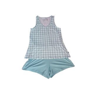 Eddie Bauer tank style pajama short set teal / blue green Plaid